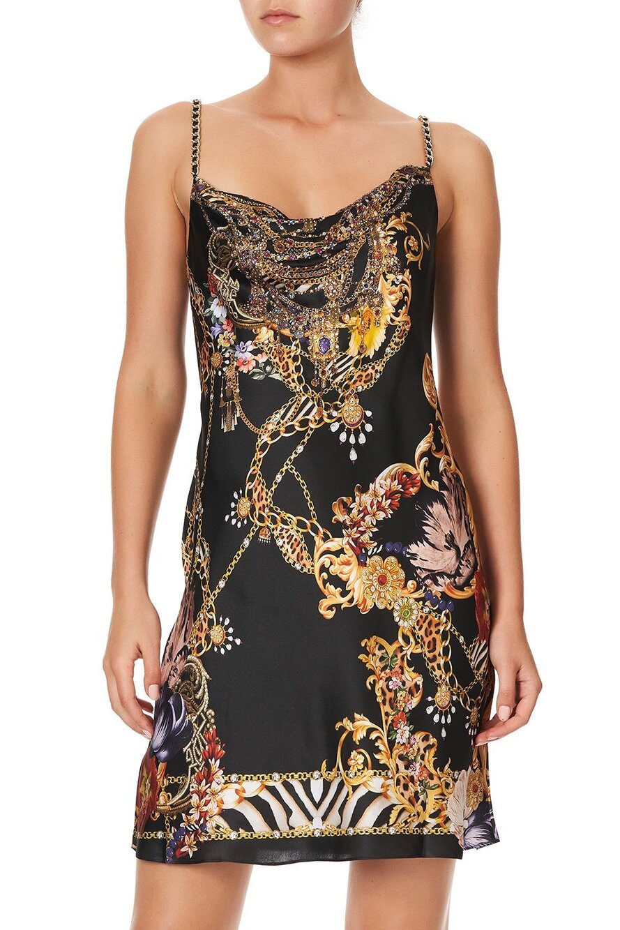 CAMILLA A Night In The 90s Short Bias Silk Crystal Cowl Neckline Slip Mini Dress